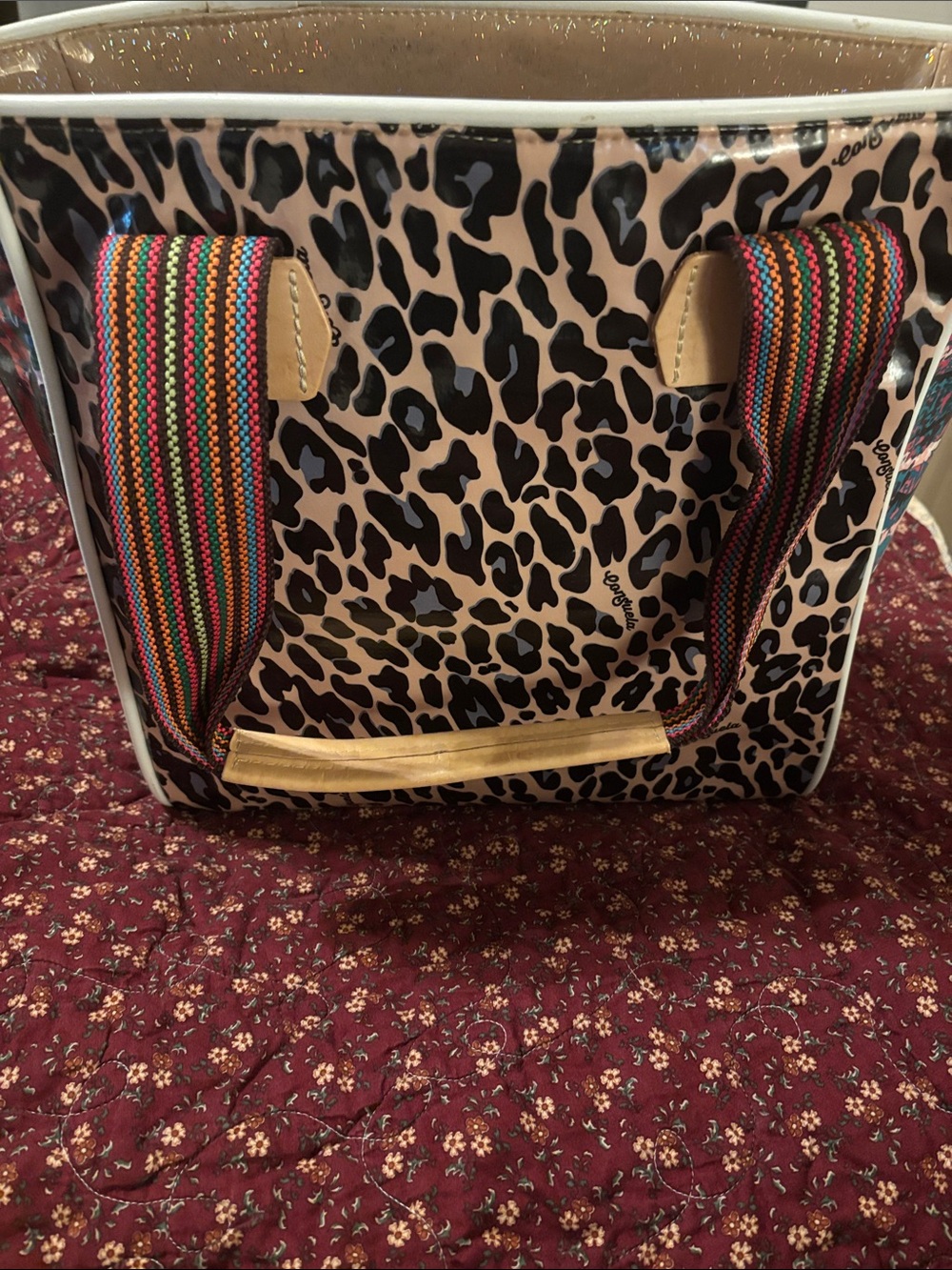 Consuela Leopard Print Tote Bag with Multicolor Striped Straps